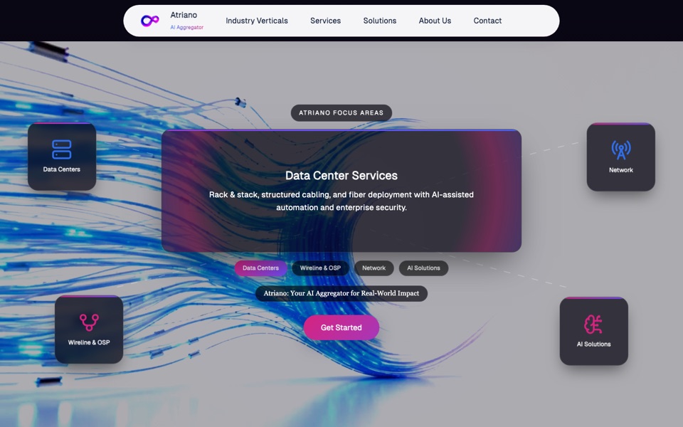 Atriano website homepage — an AI aggregator for data center, wireline and OSP, network, and AI solutions services