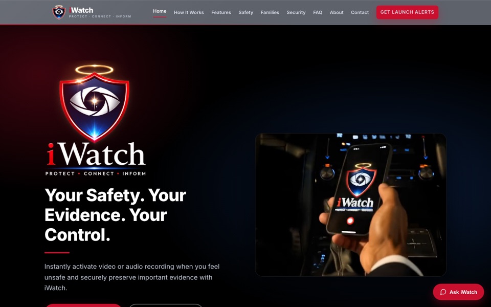 iWatch website homepage — a personal safety and evidence protection platform