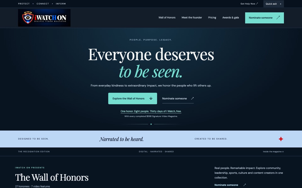 iWatch On website homepage — Wall of Honors digital video magazine